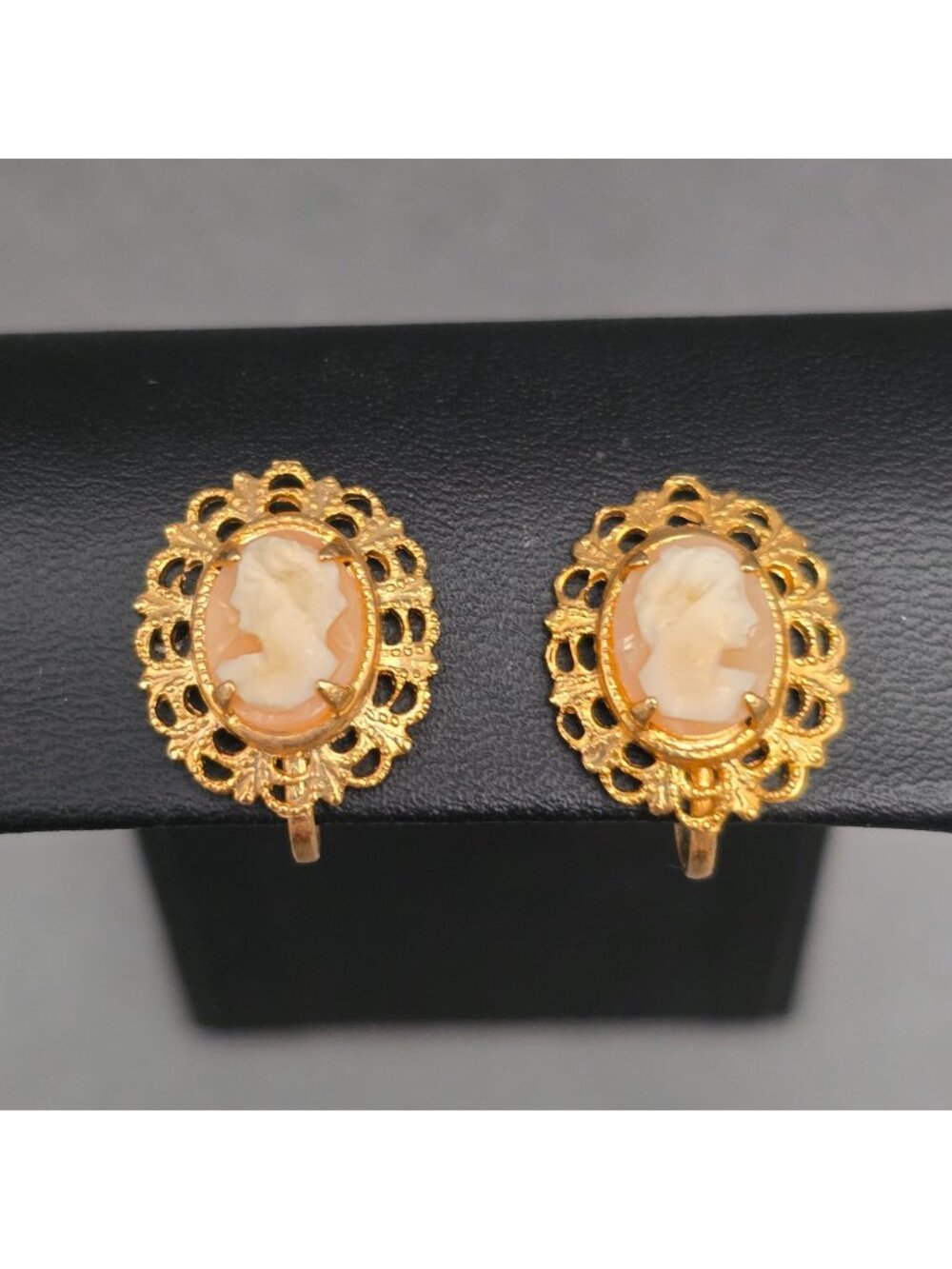 Vintage Cameo Earrings .75" Gold Tone Hand Carved Statement Piece
